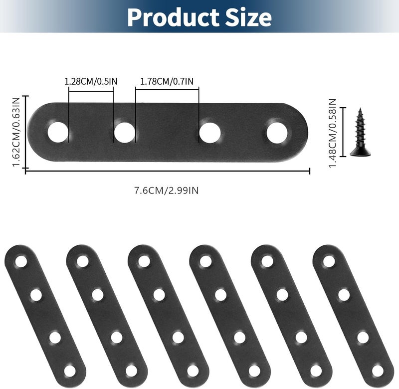 Aecsze 12 PCS 2.99'' x 0.63'' Stainless Straight Flat Brackets, Black Flat Metal Brace Bracket, Support Flat Metal Brace for Wood Furniture, Mending Plate Connector Joining Bracket for Fence,48 Screws - Image 2